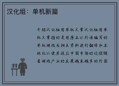 汉化组：单机新篇